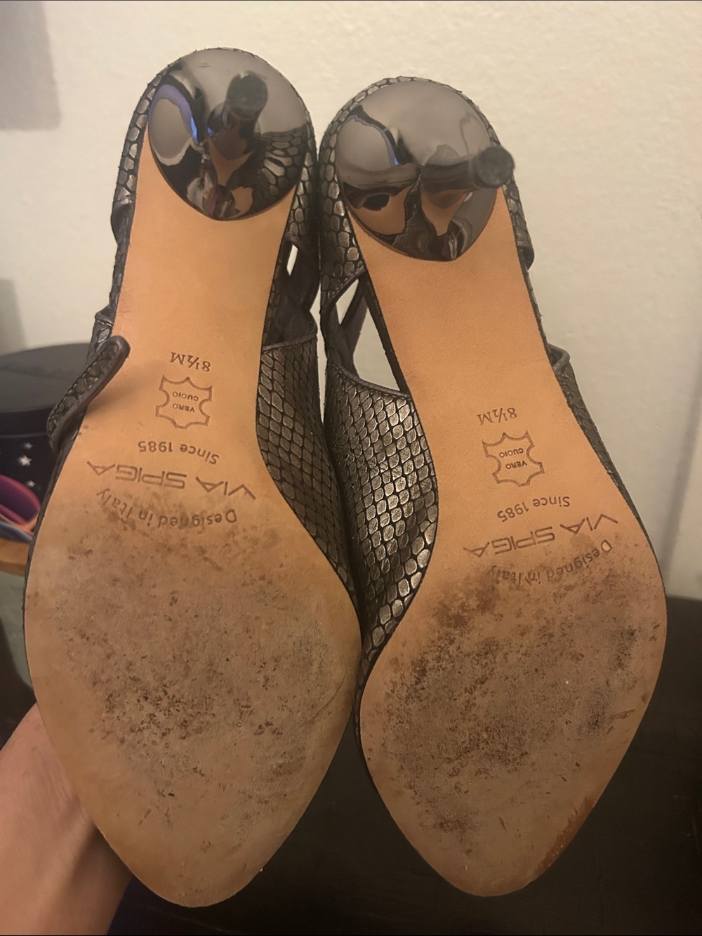 Via Spiga Metallic Snake-Print Pointed Toe Slingback Heels - Black/Gold - Picture 3 of 3